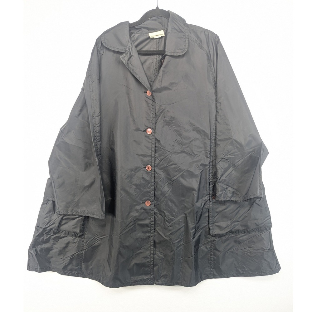 Aqua Sheen Vintage Black Nylon Raincoat Oversized Button Front Jacket 3X